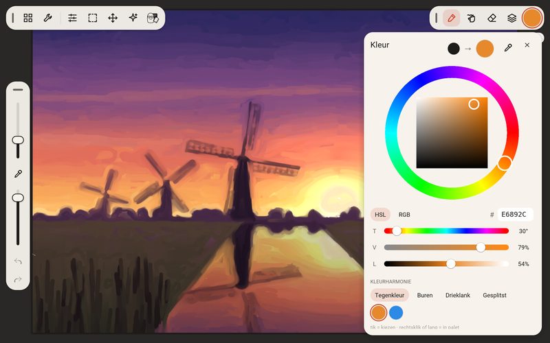 Een geschilderde molen bij zonsondergang in 2create met de kleurring en de paletten open.
